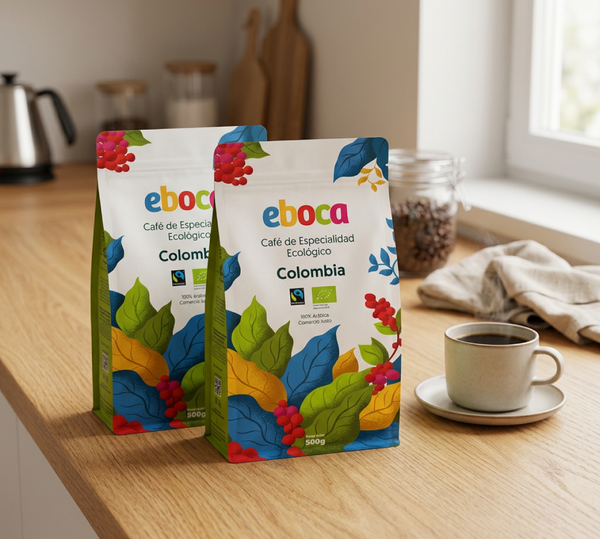 Bolsa Café Eboca Ecológico de Colombia 500g sostenida en mano